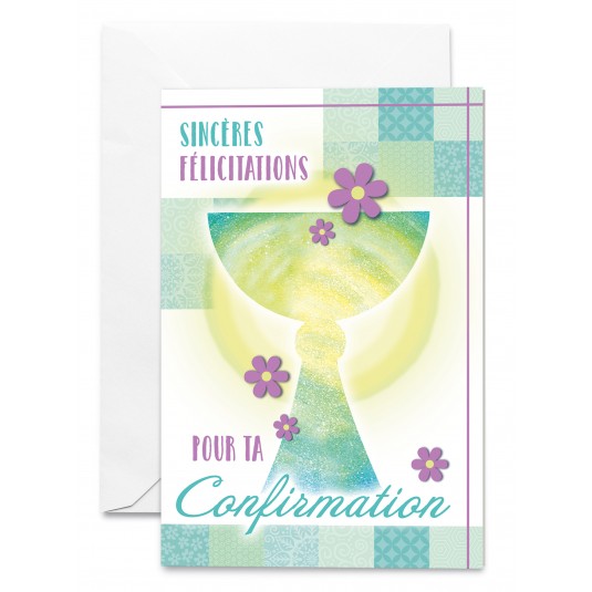 Carnet Confirmation Calice en degradé vert et jaune avec fleurs violettes