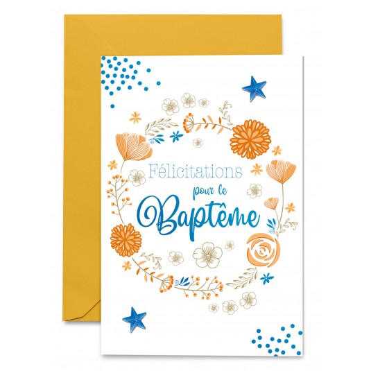 Carnet Bapteme Couronne de fleurs oranges et étoiles