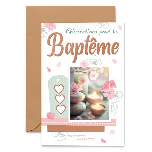 Carnet Baptême Bougies et galets, fleurs de cerisier, cœurs
