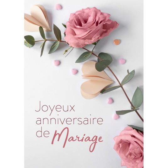 Carte avec message Branche avec roses et cœurs en papier