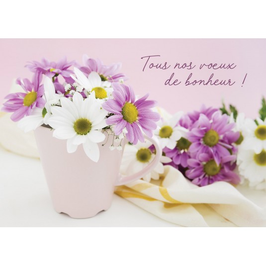 Carte avec message Bouquet de fleurs blanches et violettes