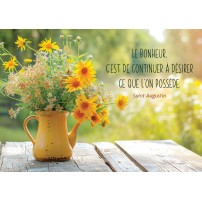 Carte Citation Bouquet de fleurs dans un arrosoir jaune sur une table