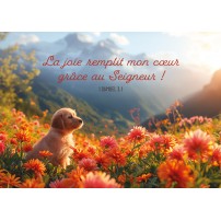 Carte Avec Verset Chiot assis dans un champ de fleur dans la montagne