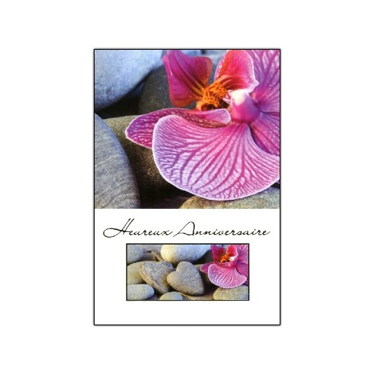 Carte Double Anniversaire Orchid&eacute;e sur galets coeurs