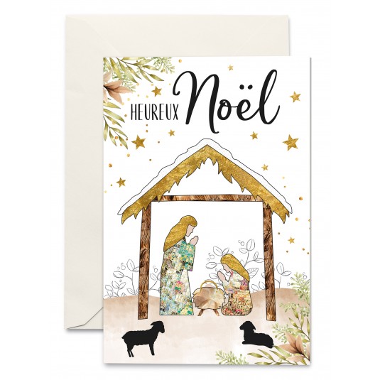 Carnet Hn Crèche illustrée, branches vertes et étoiles dorées