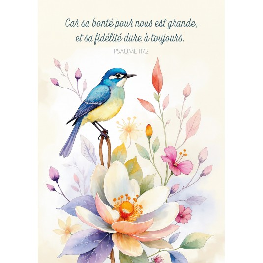 Carte Avec Verset Oiseau posé sur des fleurs en aquarelle