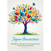 Carte Avec Verset Arbre multicolore et papillons dessinés