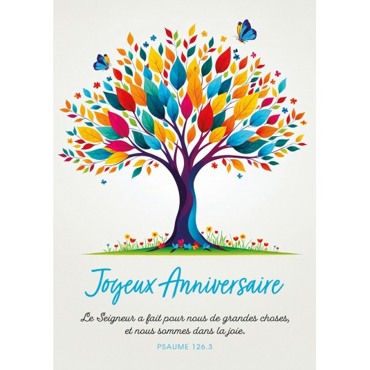 Carte Avec Verset Arbre multicolore et papillons dessinés