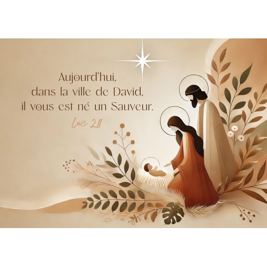 Carte Fin D'année Illustration de Jésus, Marie et Joseph sur fond beige