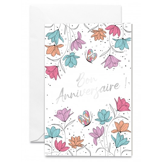 Carnet Anniversaire Fleurs multicolores dessin&eacute;es sur fond blanc