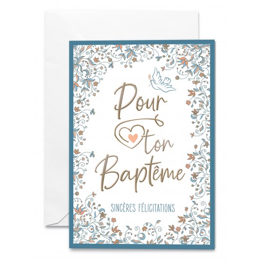 Carnet Bapt&ecirc;me Cadre bleu et motifs floraux sur fond blanc