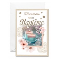 Carnet Bapt&ecirc;me Bougies roses et bleues et fleurs roses