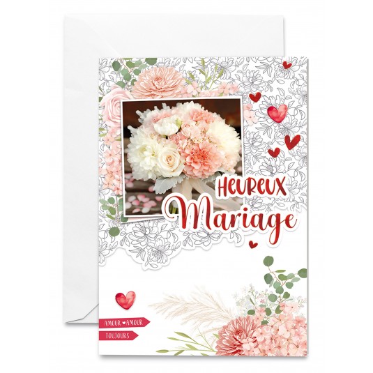 Carnet Mariage Bouquet blanc et rose sur motifs floraux dessin&eacute;s