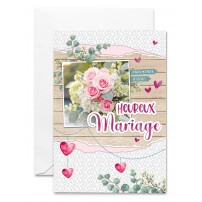 Carnet Mariage Bouquet de roses roses, fond bois et c&oelig;urs