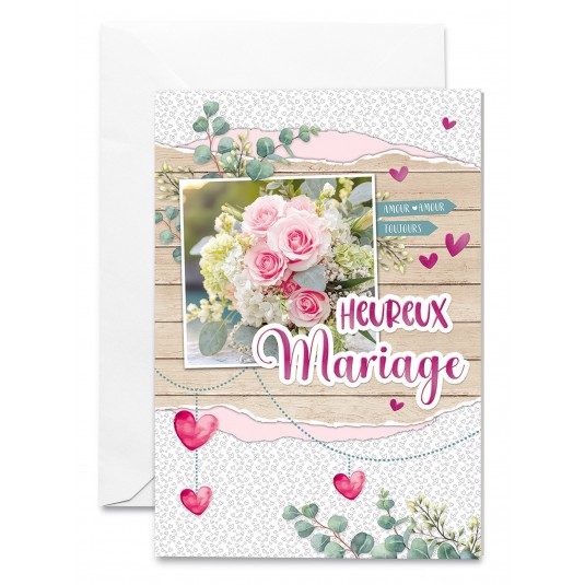 Carnet Mariage Bouquet de roses roses, fond bois et c&oelig;urs