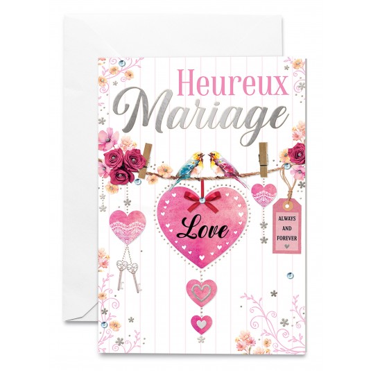 Carnet Mariage C&oelig;ur rose et oiseaux sur fond blanc