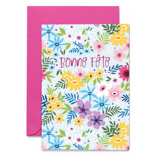 Carnet Bonne F&ecirc;te Fleurs dessin&eacute;es sur fond bleu