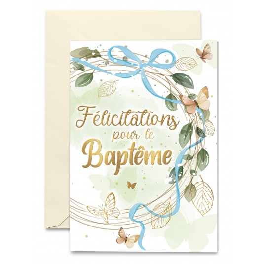 Carnet Bapt&ecirc;me Couronne de feuilles et papillons sur fond vert