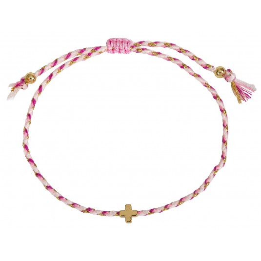 Bracelet textile tress&eacute; avec croix - rose