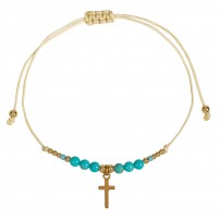 Bracelet textile avec perles et croix, acier inoxydable - perles turquoise