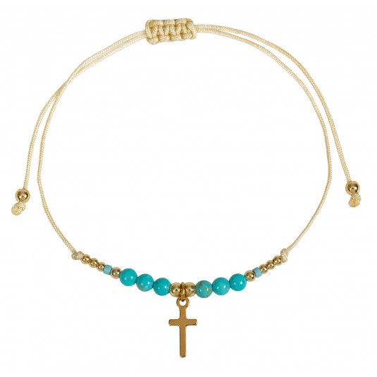 Bracelet textile avec perles et croix, acier inoxydable - perles turquoise