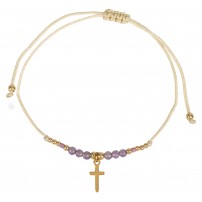 Bracelet textile avec perles et croix, acier inoxydable - perles violettes