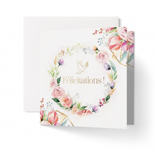 Carnet Carr&eacute; Communion Couronne florale et colombe dor&eacute;e