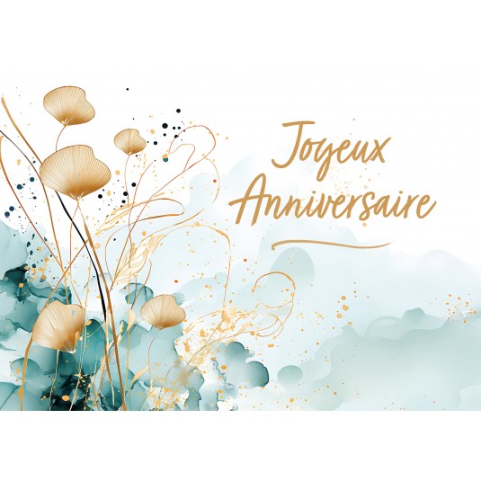 Carte Anniversaire Motifs floraux dor&eacute;s et turquoise