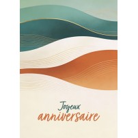 Carte Anniversaire Vagues beiges et turquoises avec dorures