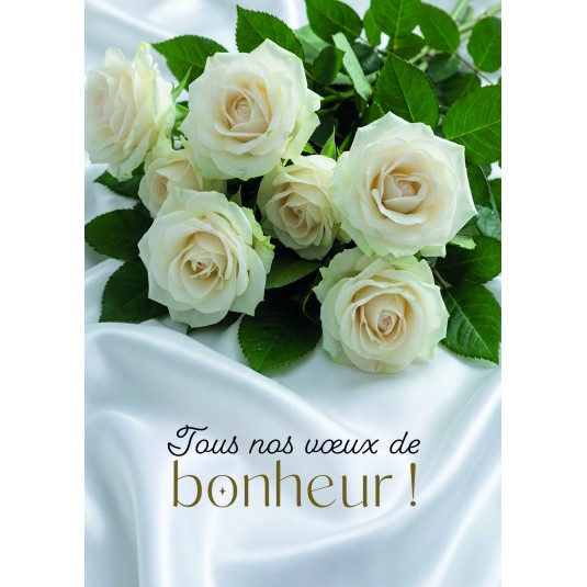 Carte Mariage Bouquet de roses blanches sur du satin