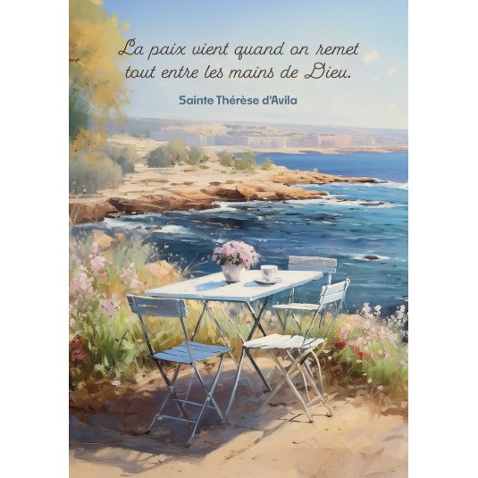 Carte Citation Peinture d'une table et des chaises au bord de la mer