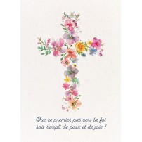 Carte Communion Croix de fleurs en aquarelle
