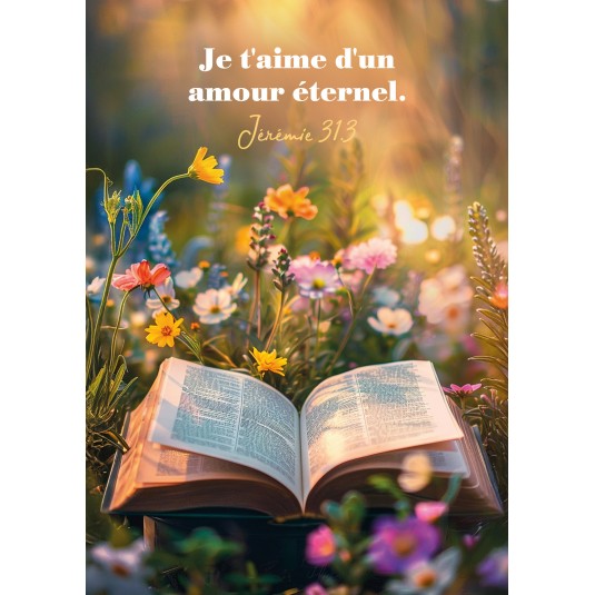 Carte Avec Verset Bible pos&eacute;e dans un champ de fleurs