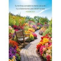 Carte Avec Verset Banc au bord d'un chemin dans un parc fleuri
