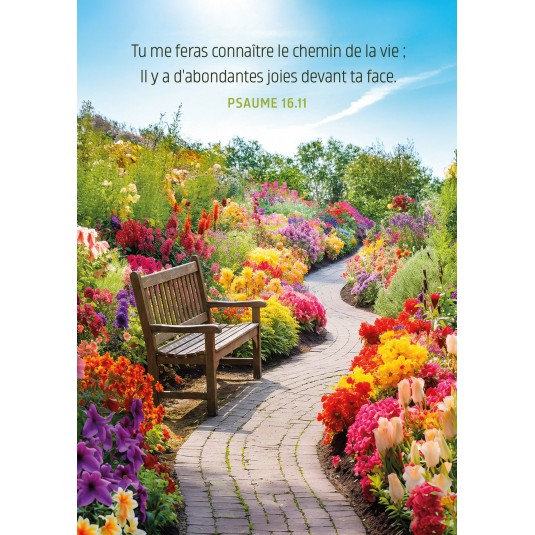 Carte Avec Verset Banc au bord d'un chemin dans un parc fleuri