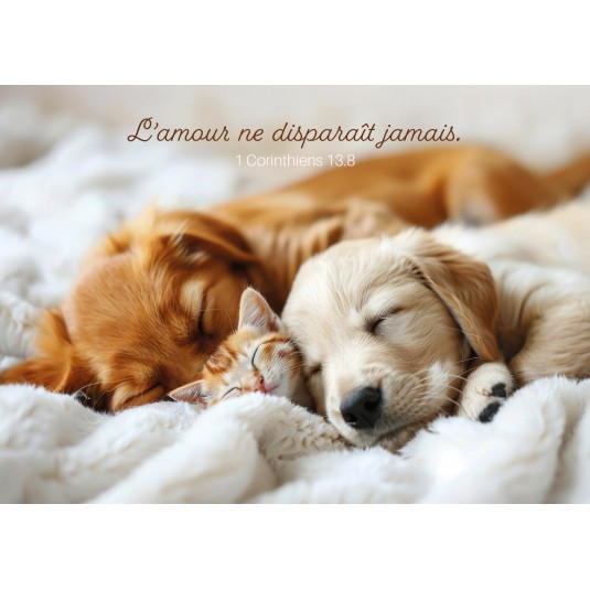 Carte Avec Verset Chiots et chaton qui dorment sur une couverture blanche