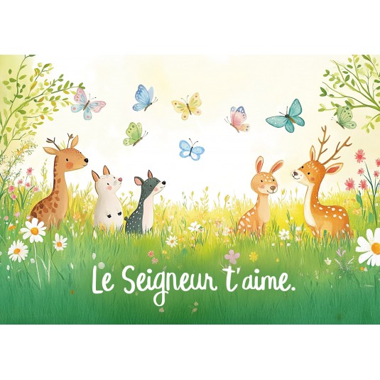 Carte Avec Verset Animaux des bois et papillons dans un champ