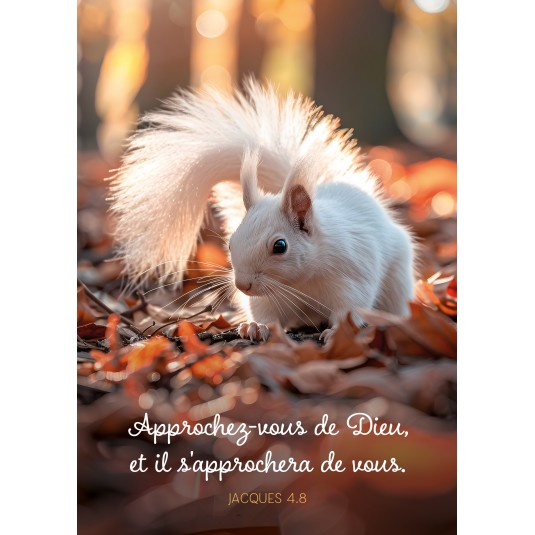 Carte Avec Verset Ecureuil blanc sur des feuilles mortes