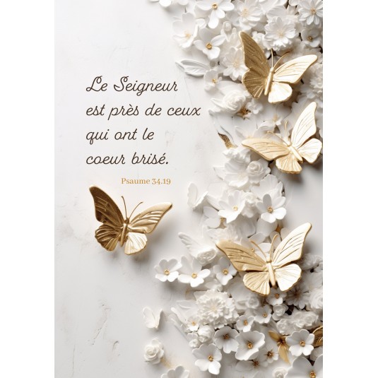 Carte Avec Verset Papillons en or sur fleurs en marbre blanc