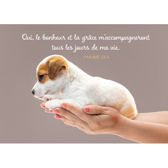 Carte Avec Verset Chiot tenu dans les mains