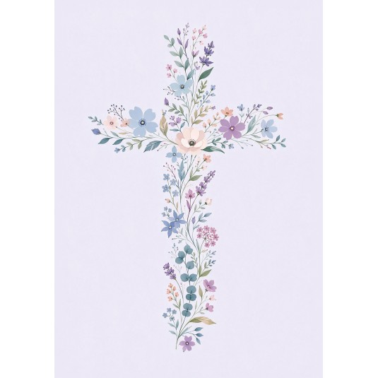 Carte Sans Texte Croix en fleurs sur fond lilas