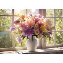 Carte Sans Texte Bouquet de fleur devant une fen&ecirc;tre