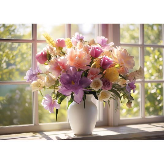 Carte Sans Texte Bouquet de fleur devant une fen&ecirc;tre