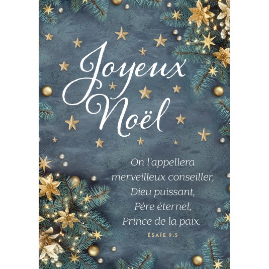 Carte Fin D'ann&eacute;e Branches de sapins, &eacute;toiles et fleurs dor&eacute;es