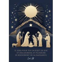 Carte Fin D'ann&eacute;e Cr&egrave;che dor&eacute;e sur fond bleu marin