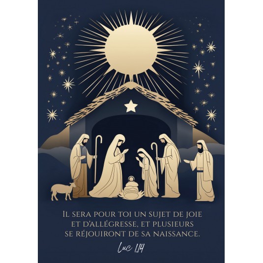 Carte Fin D'ann&eacute;e Cr&egrave;che dor&eacute;e sur fond bleu marin