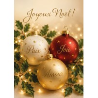 Carte Fin D'ann&eacute;e 3 boules de No&euml;l avec les mots : Paix, Joie, Amour