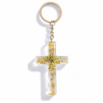 Porte-cl&eacute; croix avec inclusions de fleurs - jaune
