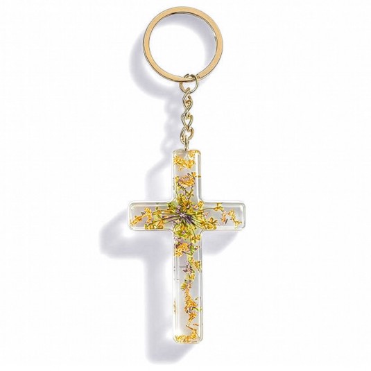 Porte-cl&eacute; croix avec inclusions de fleurs - jaune