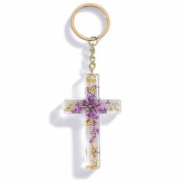 Porte-cl&eacute; croix avec inclusions de fleurs - violet